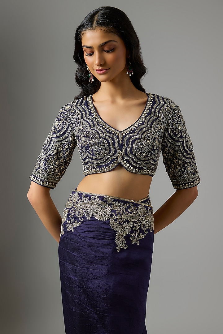 Purple Silk Zardosi Embroidered Bridal Saree Set by Jayanti Reddy at Pernia's Pop Up Shop