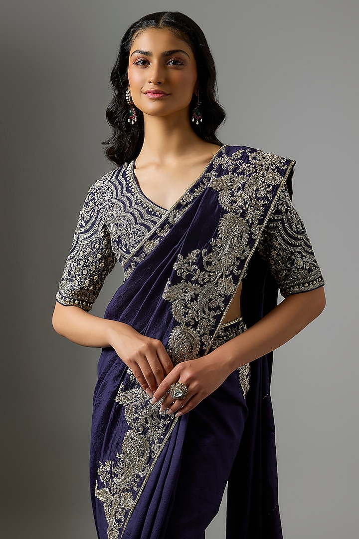 Purple Silk Zardosi Embroidered Bridal Saree Set by Jayanti Reddy at Pernia's Pop Up Shop