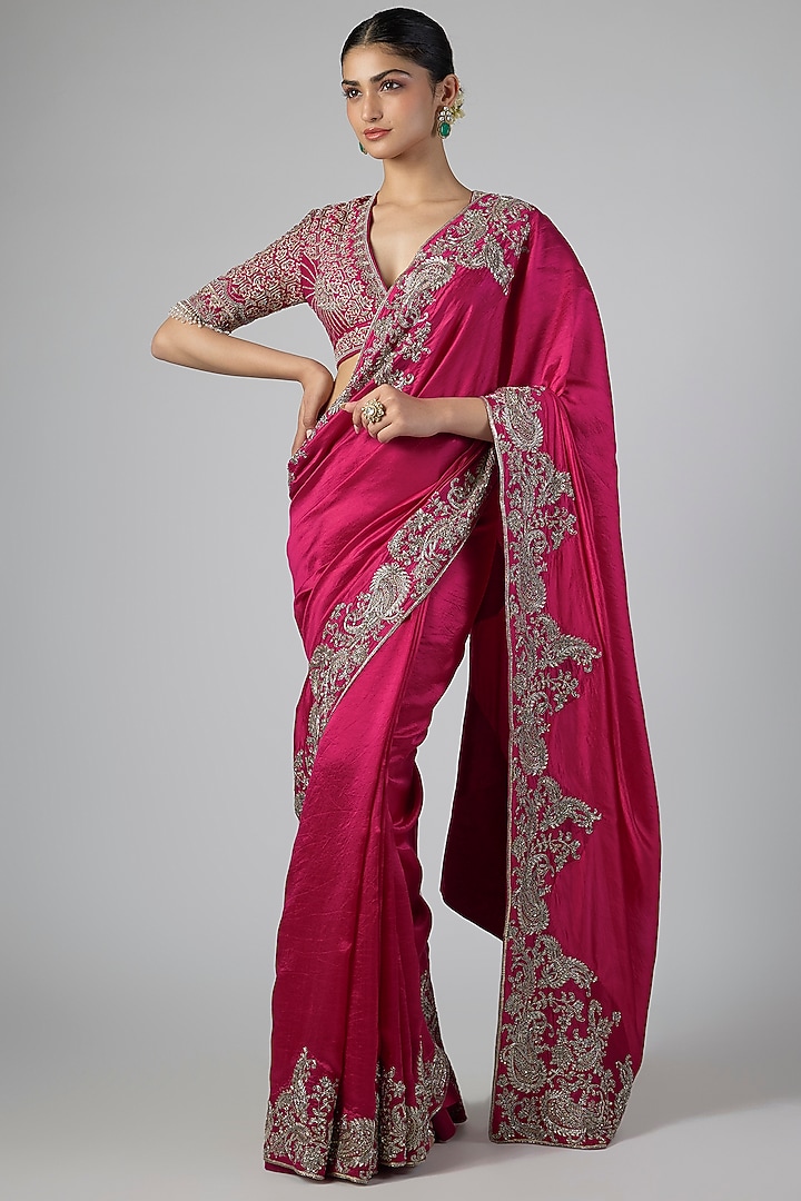 Pink Silk Zardosi Embroidered Bridal Saree Set by Jayanti Reddy at Pernia's Pop Up Shop