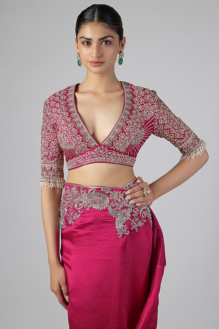 Pink Silk Zardosi Embroidered Bridal Saree Set by Jayanti Reddy at Pernia's Pop Up Shop