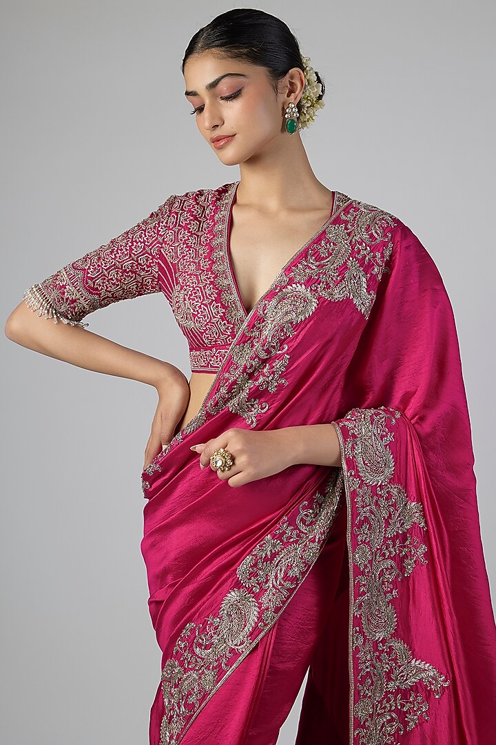 Pink Silk Zardosi Embroidered Bridal Saree Set by Jayanti Reddy at Pernia's Pop Up Shop