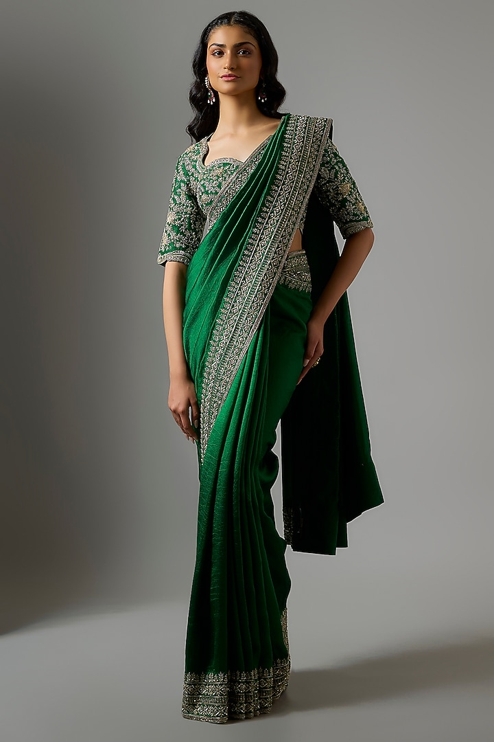Green Silk Zardosi Embroidered Bridal Saree Set by Jayanti Reddy at Pernia's Pop Up Shop