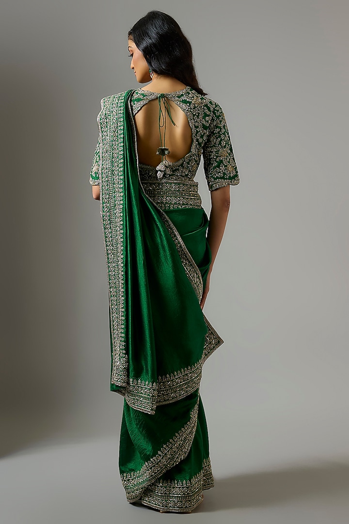 Green Silk Zardosi Embroidered Bridal Saree Set by Jayanti Reddy at Pernia's Pop Up Shop