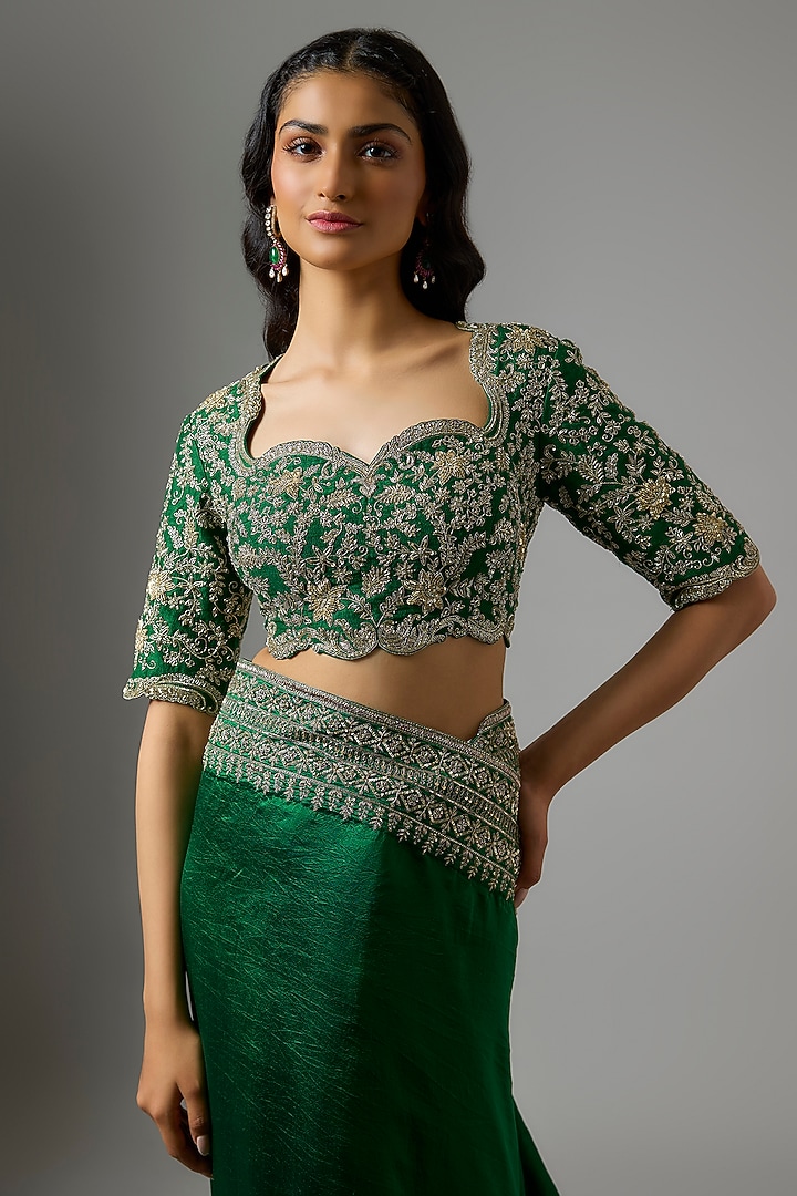 Green Silk Zardosi Embroidered Bridal Saree Set by Jayanti Reddy at Pernia's Pop Up Shop