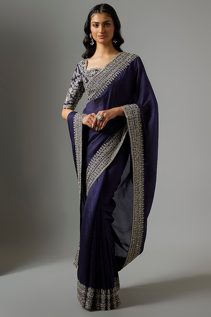 Purple Silk Zardosi Embroidered Bridal Saree Set by Jayanti Reddy at Pernia's Pop Up Shop