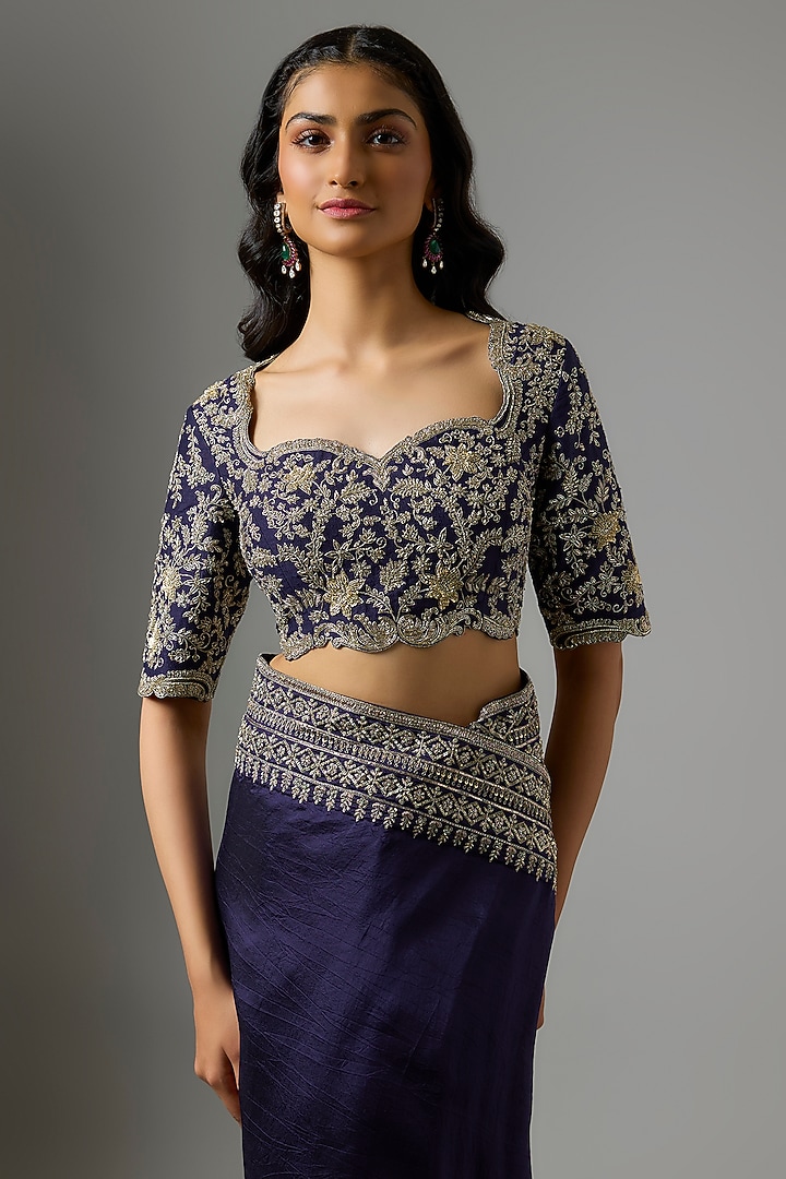 Purple Silk Zardosi Embroidered Bridal Saree Set by Jayanti Reddy at Pernia's Pop Up Shop