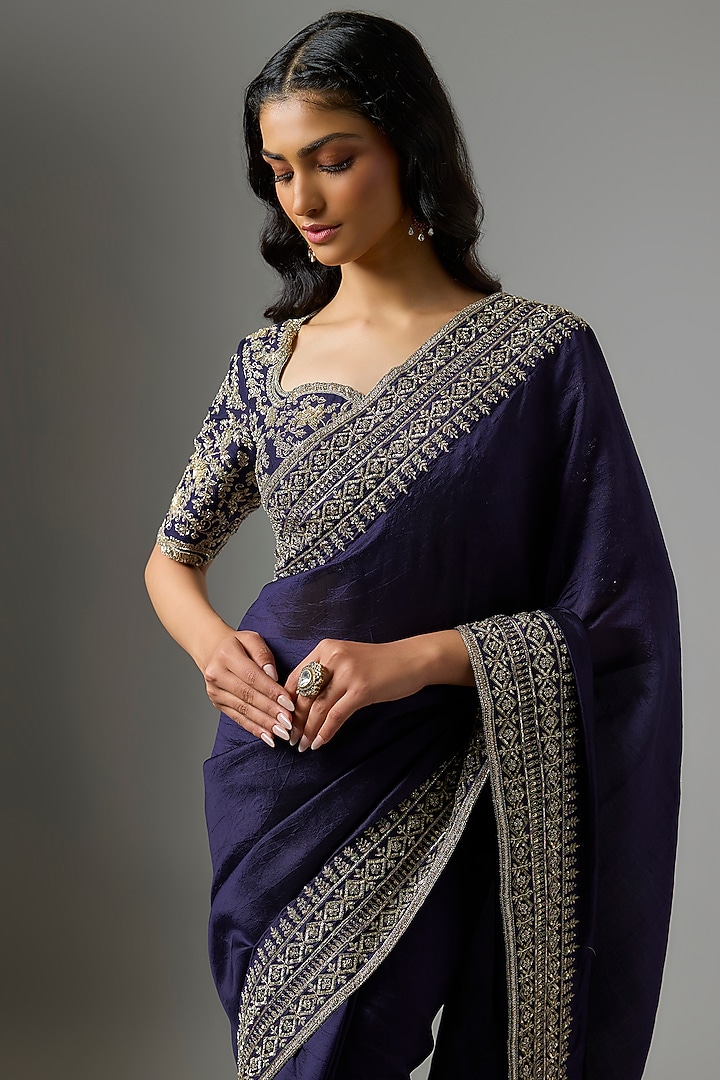 Purple Silk Zardosi Embroidered Bridal Saree Set by Jayanti Reddy at Pernia's Pop Up Shop