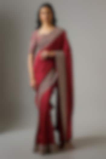 Red Silk Zardosi Embroidered Bridal Saree Set by Jayanti Reddy at Pernia's Pop Up Shop