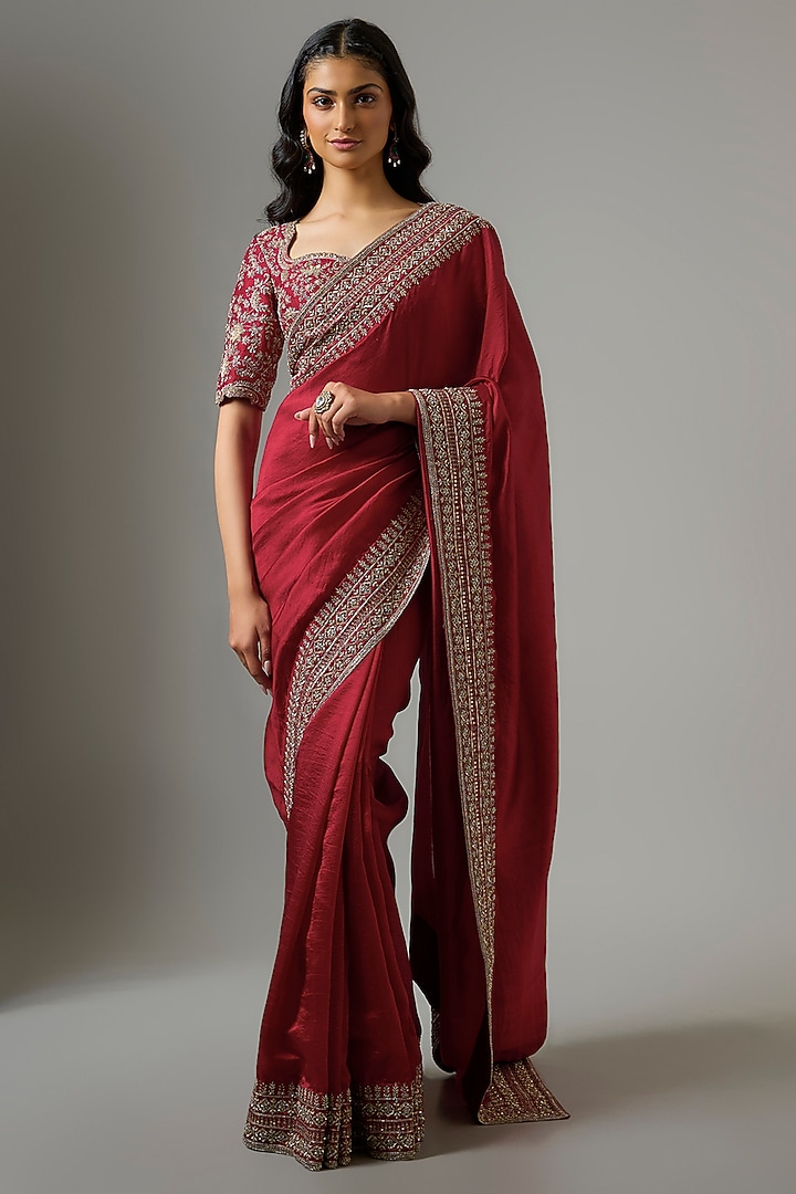 Red Silk Zardosi Embroidered Bridal Saree Set by Jayanti Reddy at Pernia's Pop Up Shop