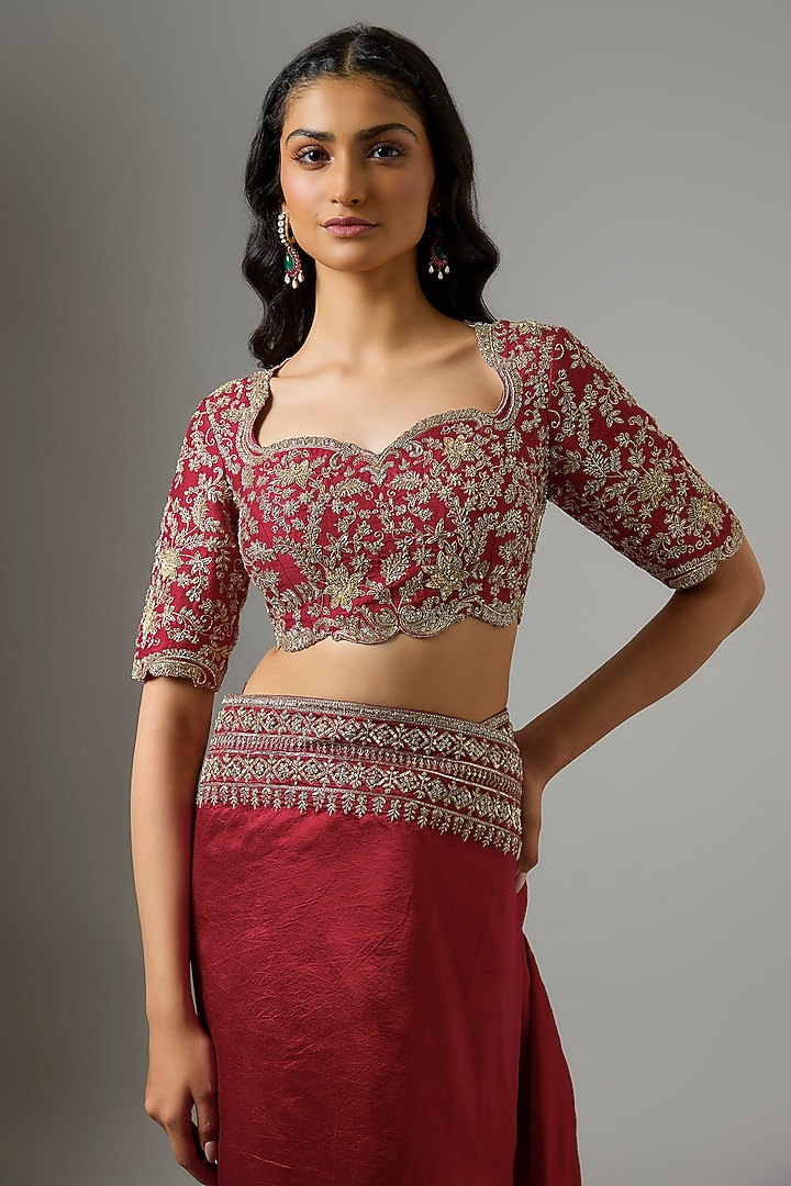 Red Silk Zardosi Embroidered Bridal Saree Set by Jayanti Reddy at Pernia's Pop Up Shop