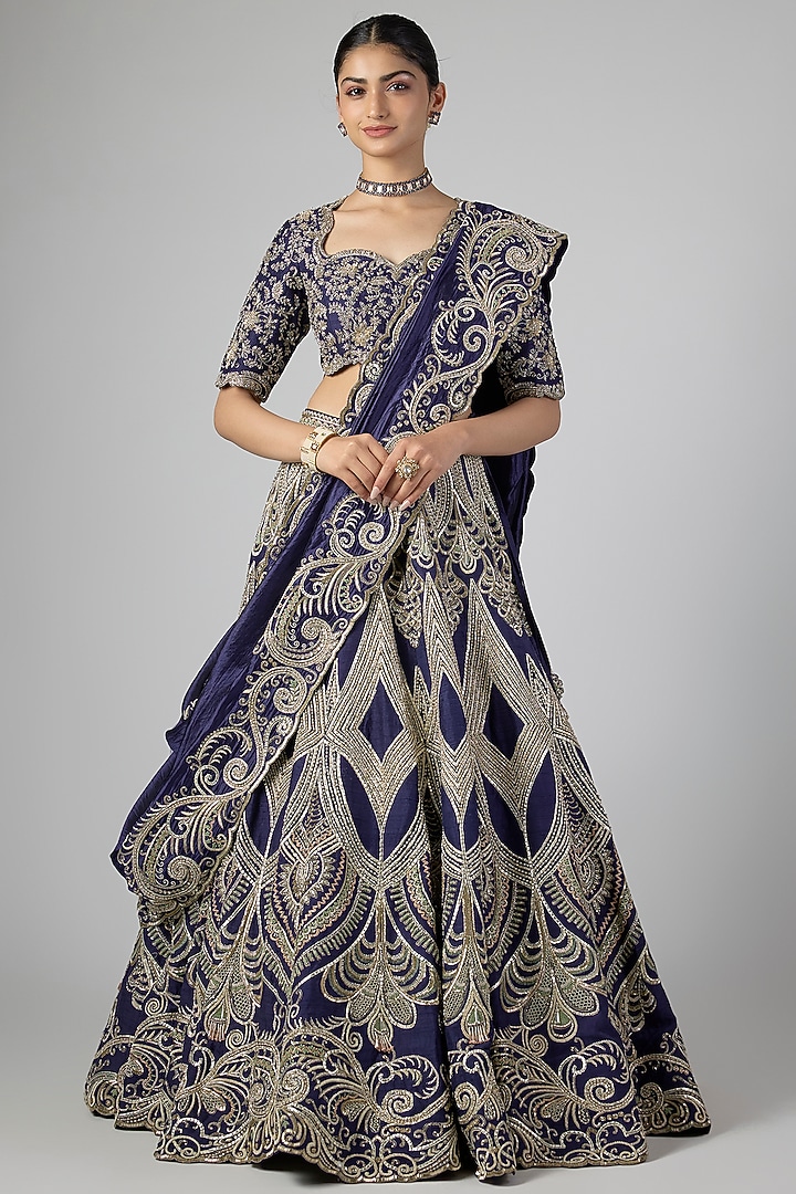 Purple Raw Silk Zardosi Embroidered Bridal Lehenga Set by Jayanti Reddy at Pernia's Pop Up Shop