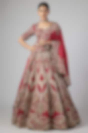 Red Raw Silk Zardosi Embroidered Bridal Lehenga Set by Jayanti Reddy at Pernia's Pop Up Shop