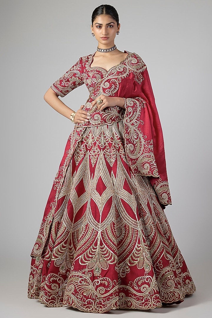 Red Raw Silk Zardosi Embroidered Bridal Lehenga Set by Jayanti Reddy at Pernia's Pop Up Shop