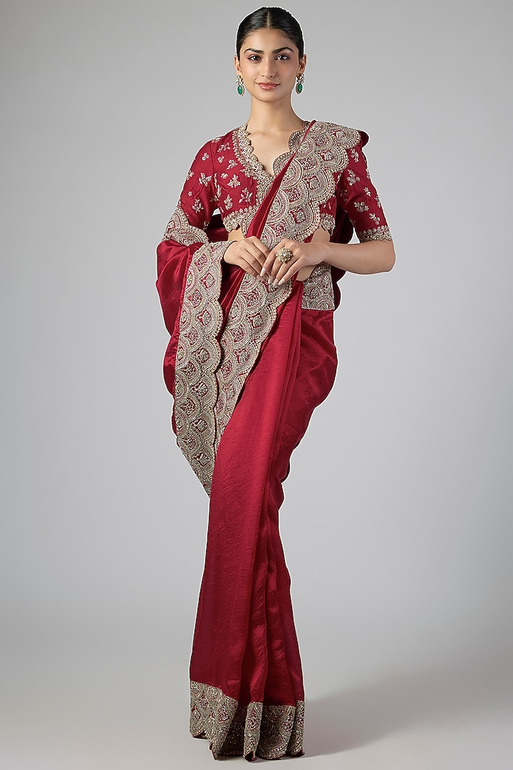 Red Silk Zardosi Embroidered Bridal Saree Set by Jayanti Reddy at Pernia's Pop Up Shop