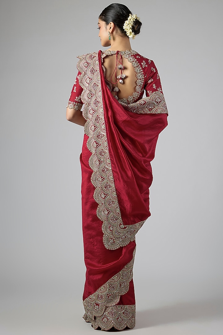 Red Silk Zardosi Embroidered Bridal Saree Set by Jayanti Reddy at Pernia's Pop Up Shop