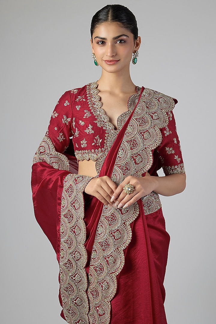 Red Silk Zardosi Embroidered Bridal Saree Set by Jayanti Reddy at Pernia's Pop Up Shop