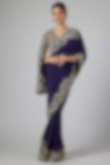 Purple Silk Zardosi Embroidered Bridal Saree Set by Jayanti Reddy at Pernia's Pop Up Shop