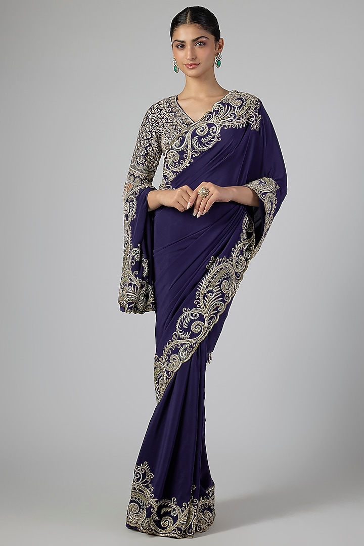 Purple Silk Zardosi Embroidered Bridal Saree Set by Jayanti Reddy at Pernia's Pop Up Shop