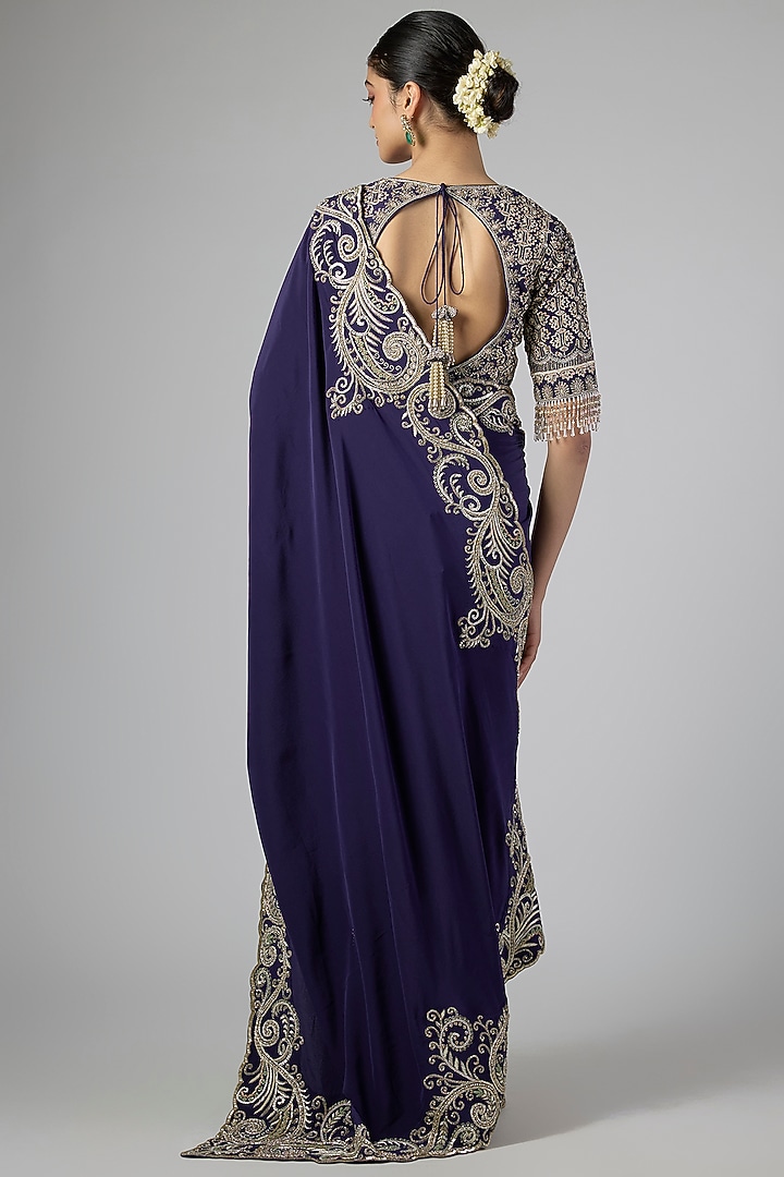 Purple Silk Zardosi Embroidered Bridal Saree Set by Jayanti Reddy at Pernia's Pop Up Shop