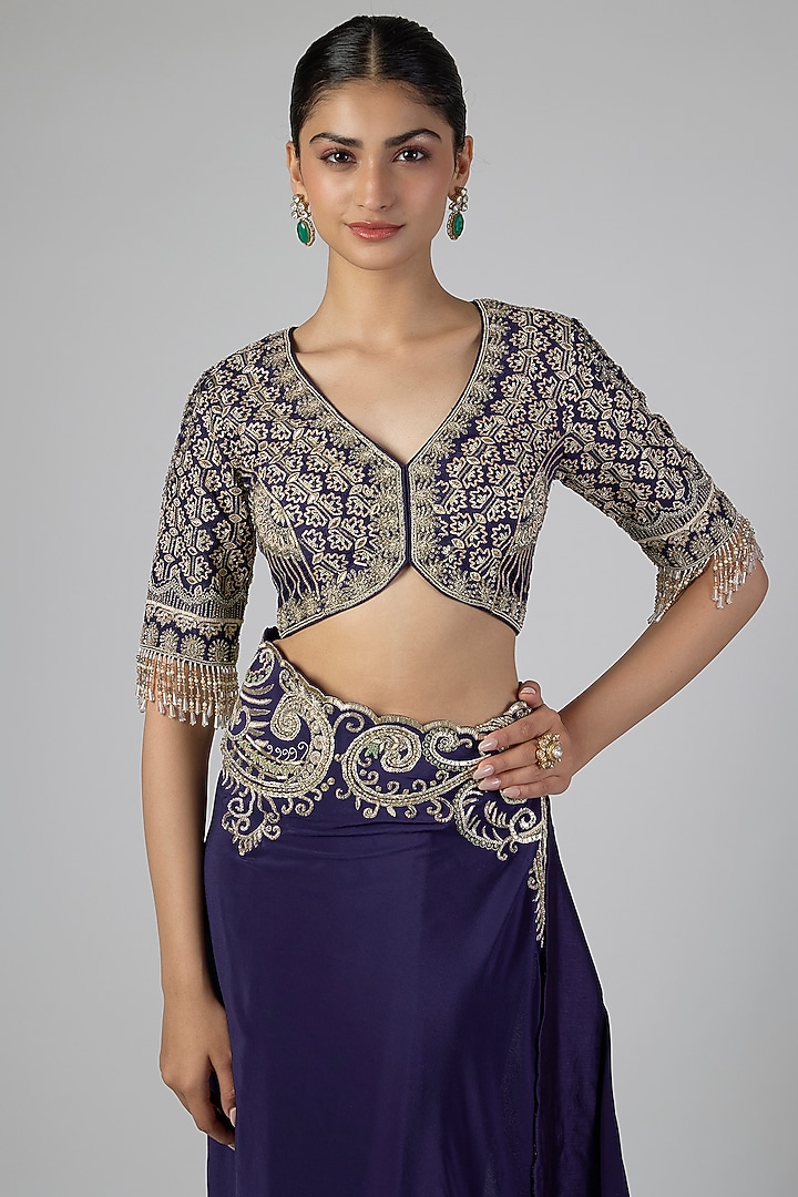 Purple Silk Zardosi Embroidered Bridal Saree Set by Jayanti Reddy at Pernia's Pop Up Shop