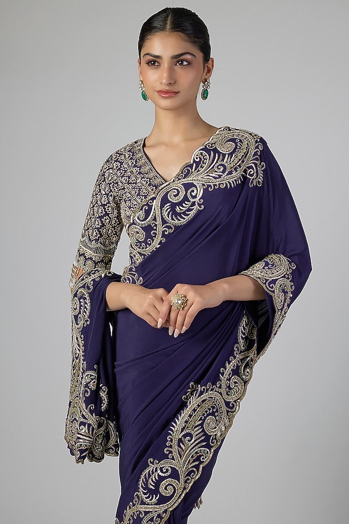 Purple Silk Zardosi Embroidered Bridal Saree Set by Jayanti Reddy at Pernia's Pop Up Shop