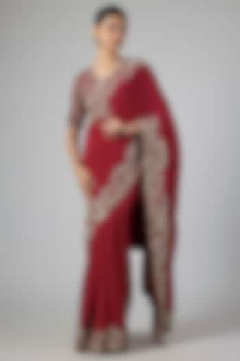 Red Silk Zardosi Embroidered Bridal Saree Set by Jayanti Reddy at Pernia's Pop Up Shop