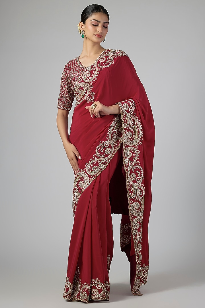 Red Silk Zardosi Embroidered Bridal Saree Set by Jayanti Reddy at Pernia's Pop Up Shop