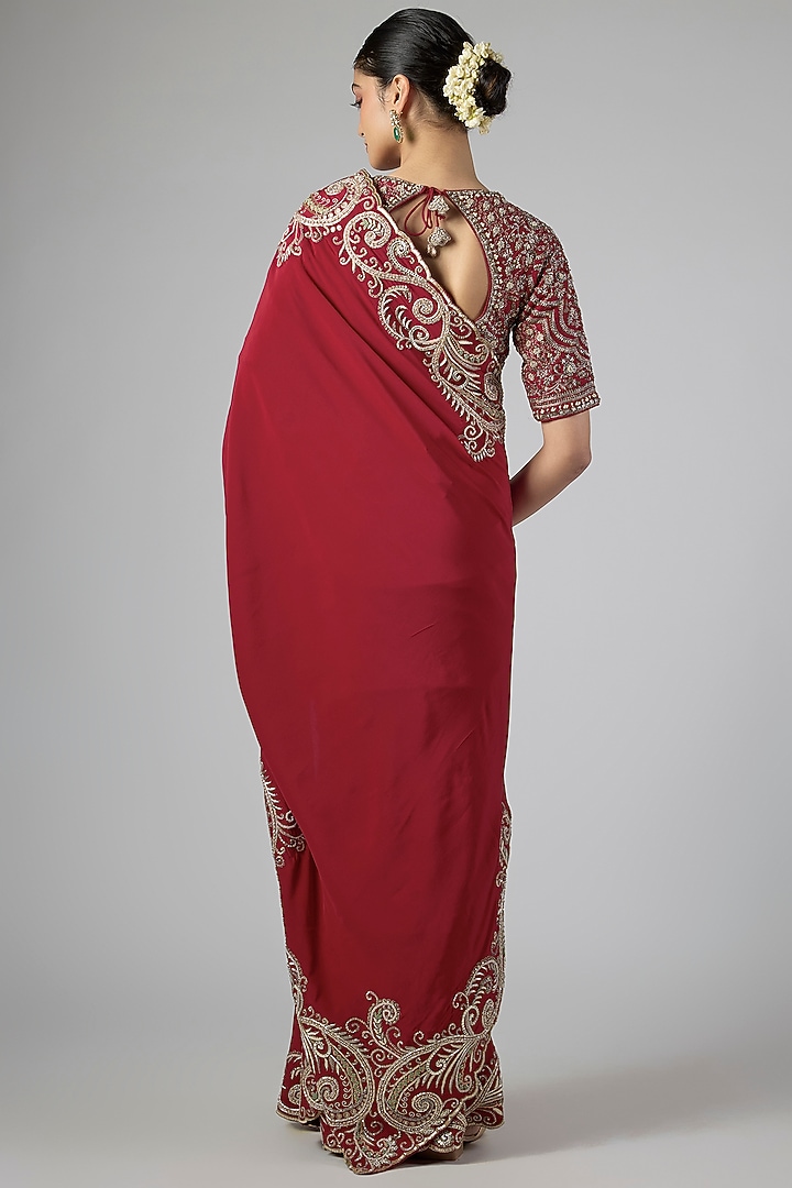 Red Silk Zardosi Embroidered Bridal Saree Set by Jayanti Reddy at Pernia's Pop Up Shop