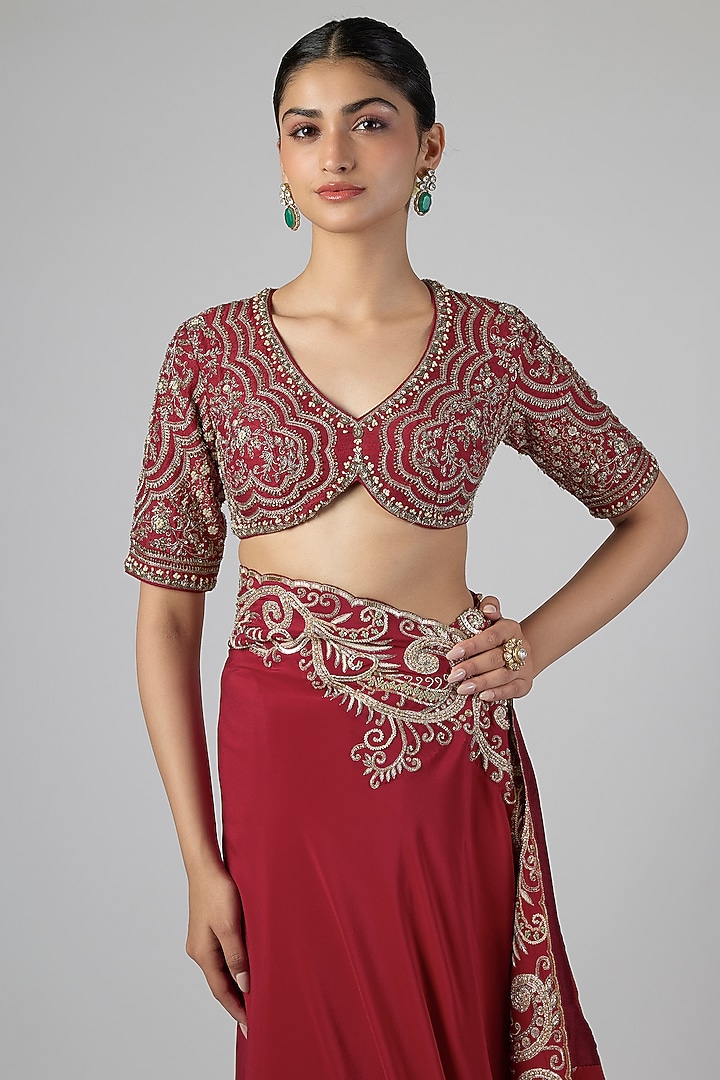 Red Silk Zardosi Embroidered Bridal Saree Set by Jayanti Reddy at Pernia's Pop Up Shop