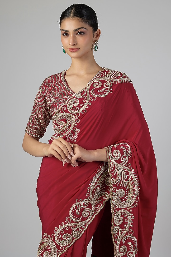 Red Silk Zardosi Embroidered Bridal Saree Set by Jayanti Reddy at Pernia's Pop Up Shop