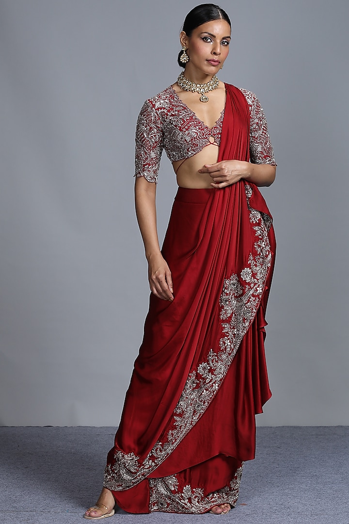 Red Embroidered Pre Pleated Saree Set by Jayanti Reddy