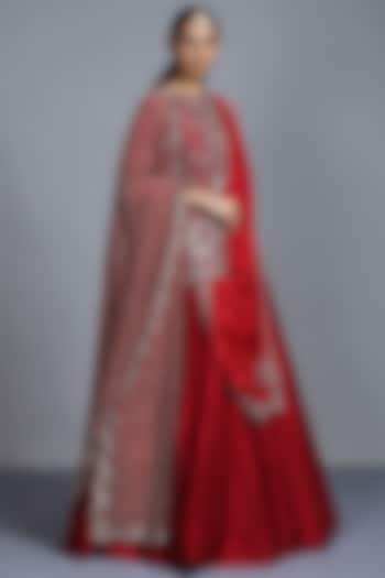 Red Raw Silk Lehenga Set by Jayanti Reddy
