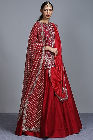 Red Raw Silk Lehenga Set by Jayanti Reddy