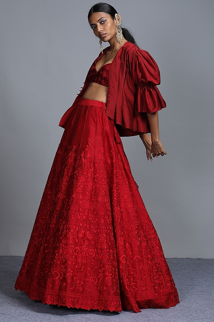 Red Raw Silk Embroidered Jacket Bridal Lehenga Set by Jayanti Reddy at Pernia's Pop Up Shop