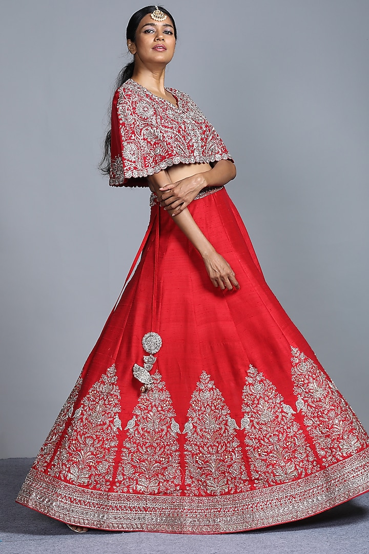 Red Raw Silk Embroidered Lehenga Set by Jayanti Reddy