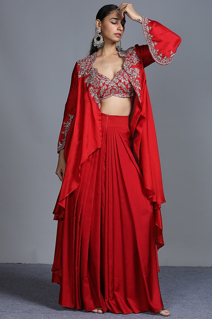 Red Embroidered Cape Set by Jayanti Reddy