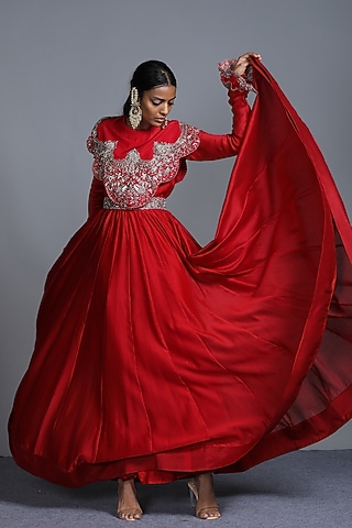 Red Zardosi Embroidered Anarkali Set by Jayanti Reddy
