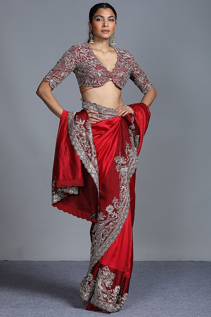 Red Zardosi Embroidered Saree Set by Jayanti Reddy