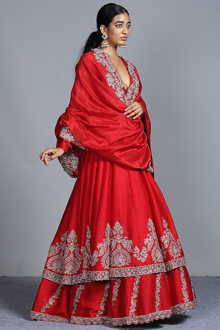 Red Embroidered Anarkali With Dupatta by Jayanti Reddy