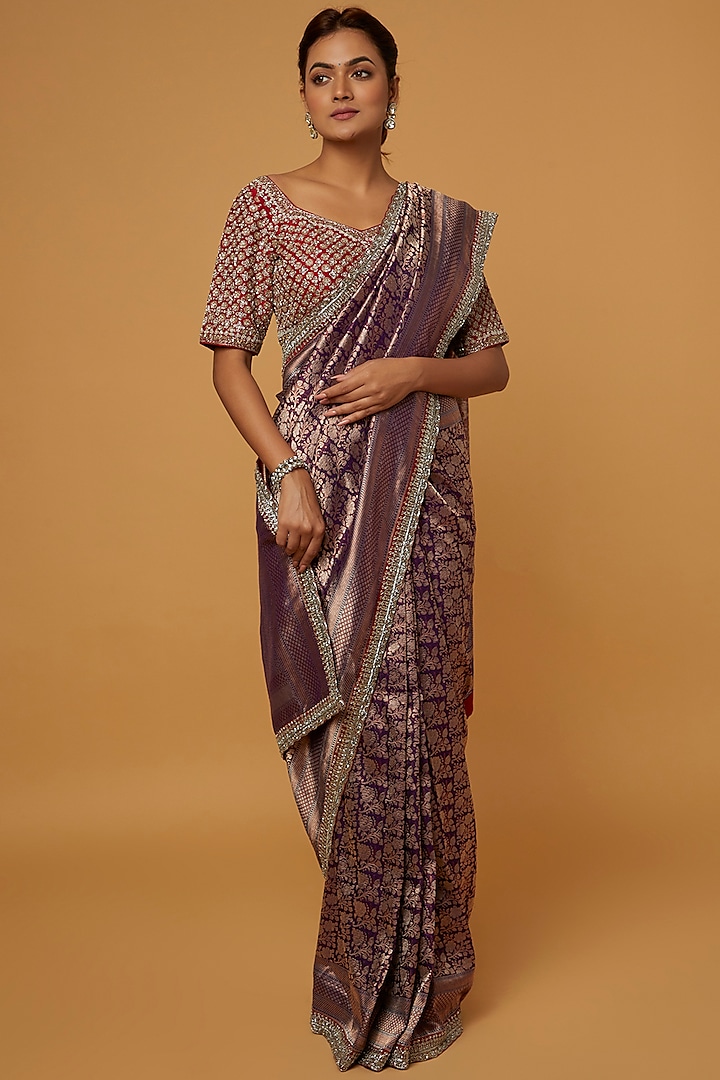 Purple Banarasi Zardosi Embroidered Saree Set by Jayanti Reddy