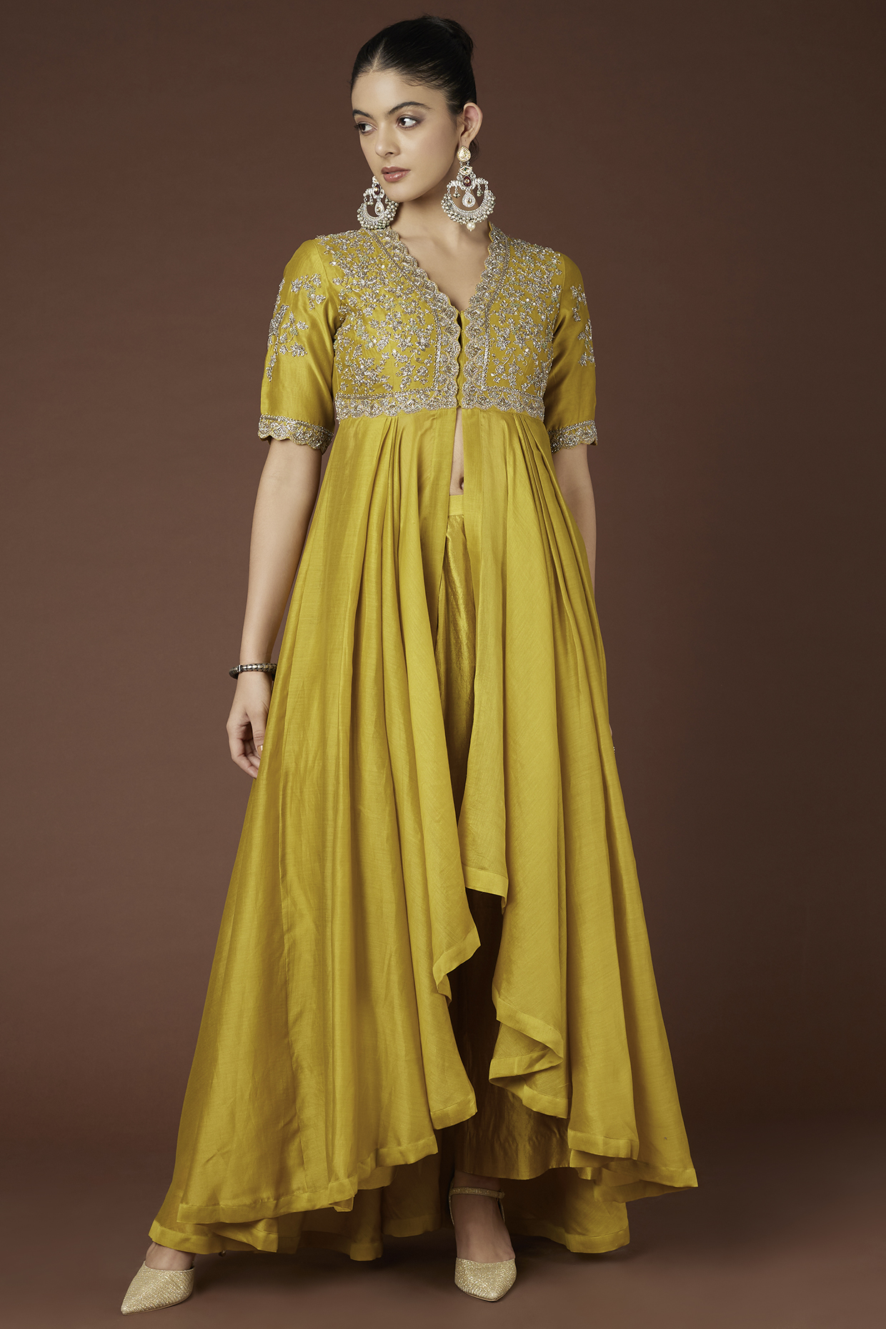 Mustard Embroidered Anarkali Set by Jayanti Reddy