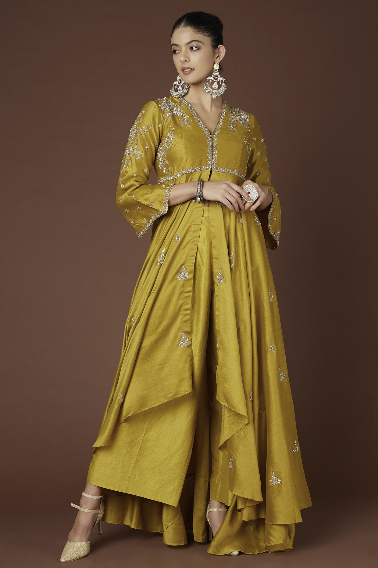 Mustard Chanderi Silk Anarkali Set by Jayanti Reddy
