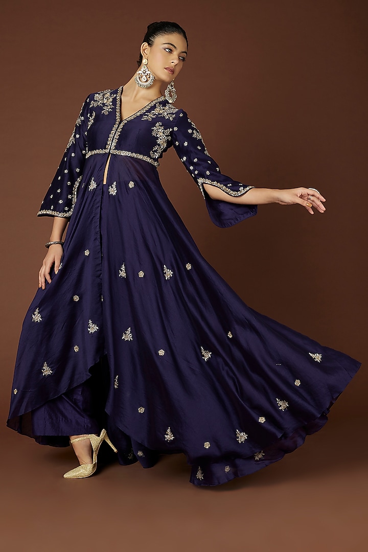 Purple Embroidered Anarkali Set in Chanderi Silk by Jayanti Reddy at Pernia's Pop Up Shop