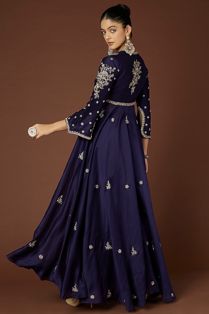 Purple Embroidered Wedding Anarkali Set in Chanderi Silk by Jayanti Reddy at Pernia's Pop Up Shop