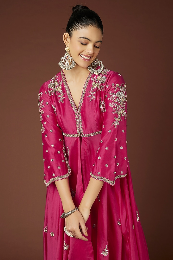 Fuchsia Chanderi Silk Wedding Anarkali Set by Jayanti Reddy at Pernia's Pop Up Shop