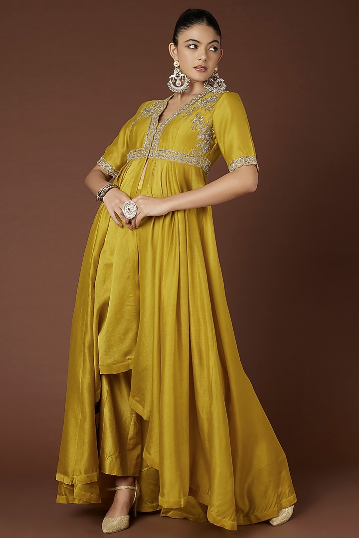 Mustard Chanderi Silk Embroidered Wedding Anarkali Set by Jayanti Reddy at Pernia's Pop Up Shop