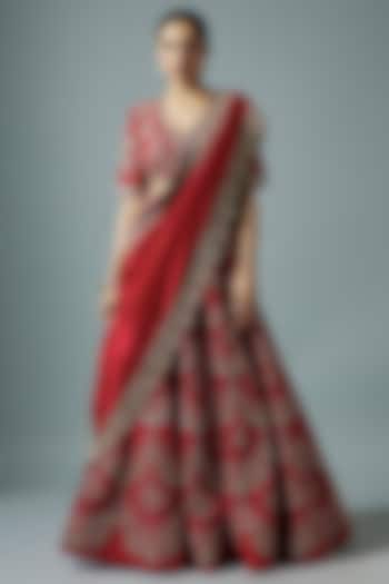Red Silk Zari Embroidered Lehenga Set by Jayanti Reddy
