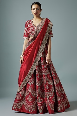 Red Silk Zari Embroidered Lehenga Set by Jayanti Reddy