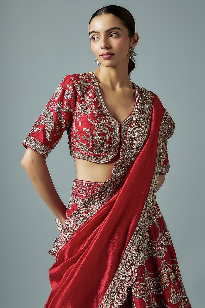 Red Silk Zari Embroidered Bridal Lehenga Set by Jayanti Reddy at Pernia's Pop Up Shop