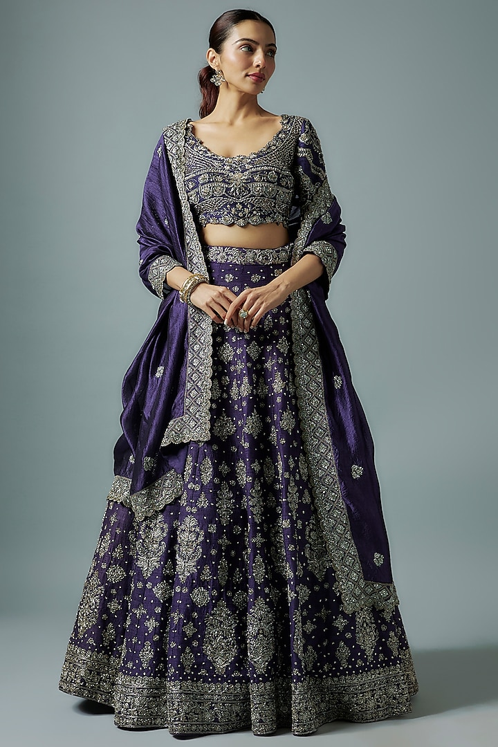 Purple Silk Zari Embroidered Lehenga Set by Jayanti Reddy